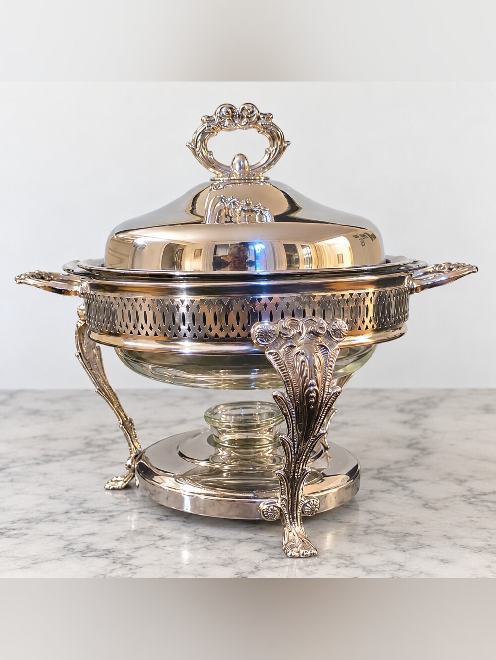 Vintage Silverplate Chafing Dish 2 Qt Glass Casserole Warmer Regency Ornate